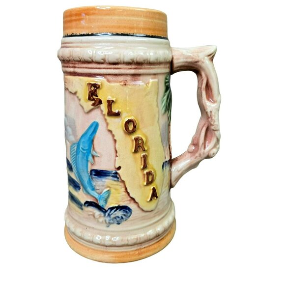 Vintage Embossed FLORIDA Mug Stein Flamingo & Marlin Made in Japan - Picture 1 of 10